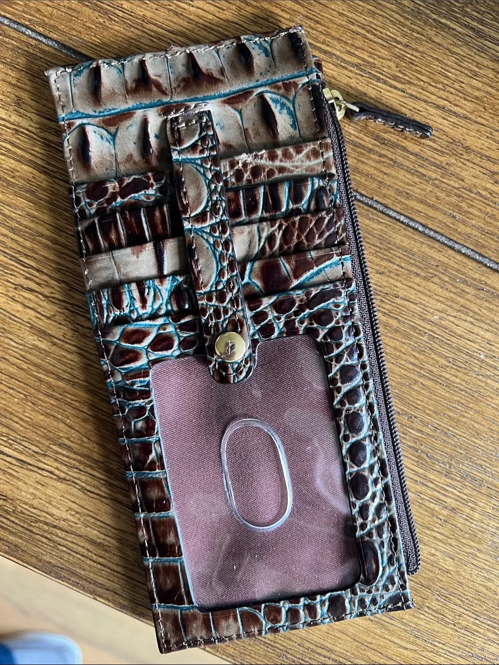 Brahmin Brown with Teal-Accented Croc-Embossed Leather Zip Card Holder